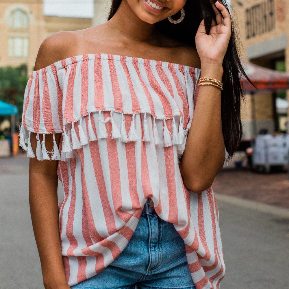 Kori America red/orange and white stripe, off shoulder top